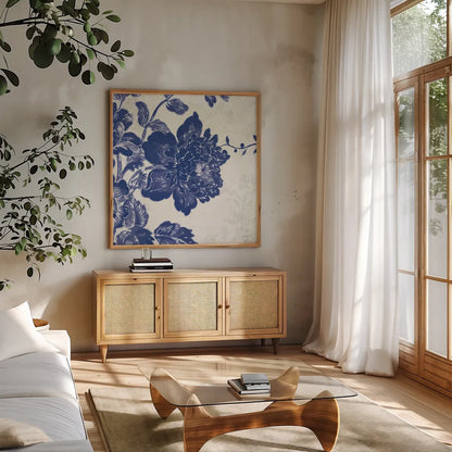 Toile Roses IV by Sue Schlabach. Shown in a natural wood frame in a cozy modern living room. Available as an archival giclee rolled canvas, fine art paper, or poster print. SKU 31608a.