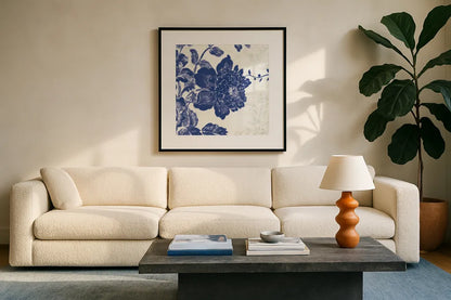 Toile Roses IV by Sue Schlabach. Displayed in a glass frame with matte in a clean modern living room. Available as an archival giclee rolled canvas, fine art paper, or poster print. SKU 31608a.