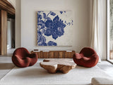 Toile Roses IV by Sue Schlabach. Shown as extra-large giant wall art in a modern living room. Available as an archival giclee rolled canvas, fine art paper, or poster print. SKU 31608a.