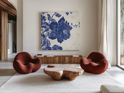 Toile Roses IV by Sue Schlabach. Shown as extra-large giant wall art in a modern living room. Available as an archival giclee rolled canvas, fine art paper, or poster print. SKU 31608a.