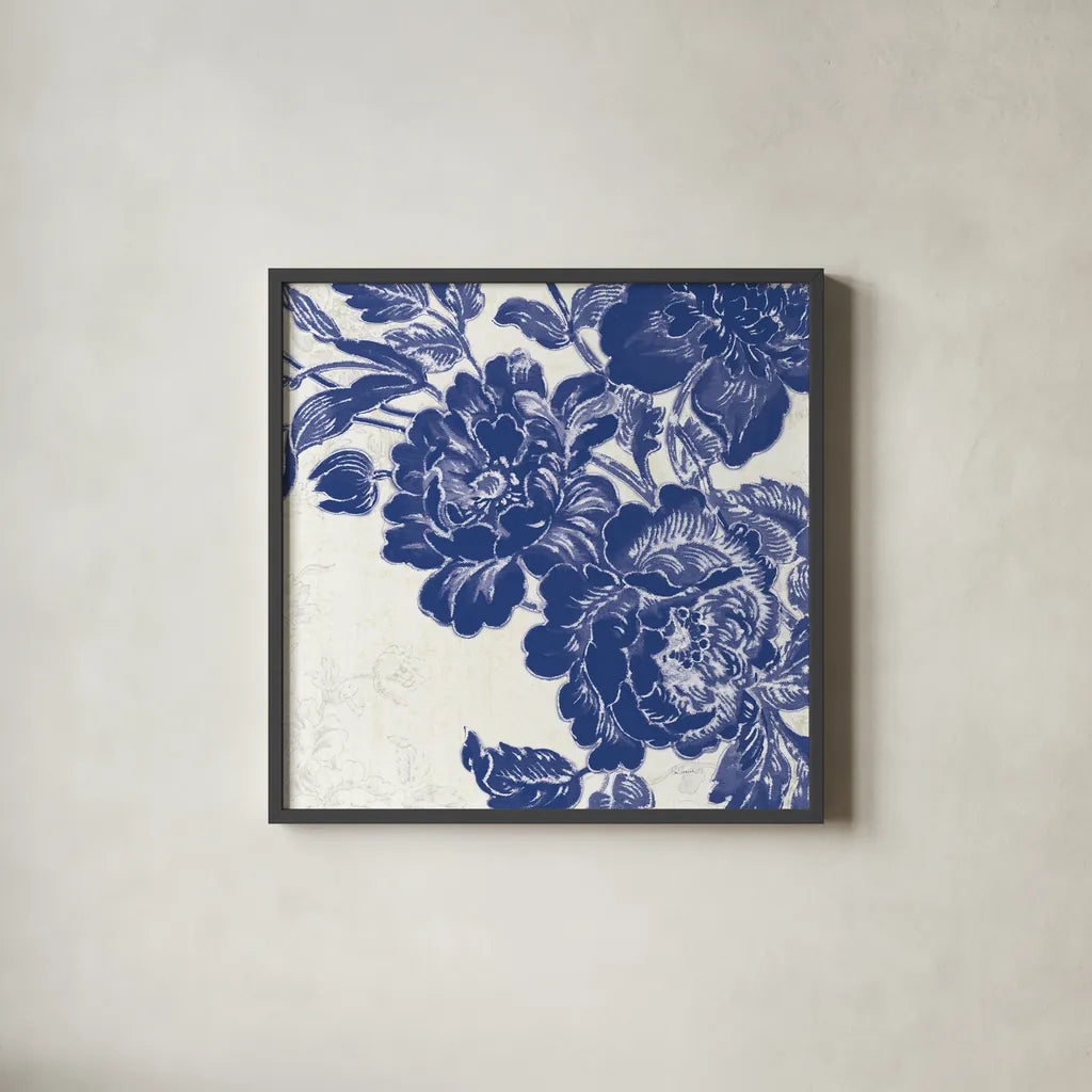 Toile Roses V by Sue Schlabach. Shown in a sleek black glass frame for a contemporary gallery look. Available as an archival giclee rolled canvas, fine art paper, or poster print. SKU 31609a.