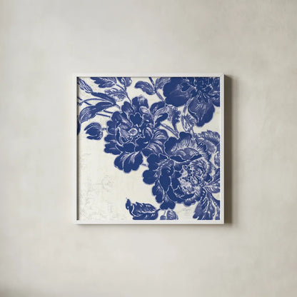 Toile Roses V by Sue Schlabach. Shown in a crisp white glass frame for a clean and minimalist style. Available as an archival giclee rolled canvas, fine art paper, or poster print. SKU 31609a.