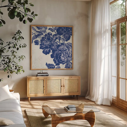 Toile Roses V by Sue Schlabach. Shown in a natural wood frame in a cozy modern living room. Available as an archival giclee rolled canvas, fine art paper, or poster print. SKU 31609a.