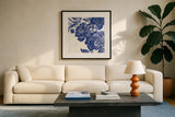 Toile Roses V by Sue Schlabach. Displayed in a glass frame with matte in a clean modern living room. Available as an archival giclee rolled canvas, fine art paper, or poster print. SKU 31609a.