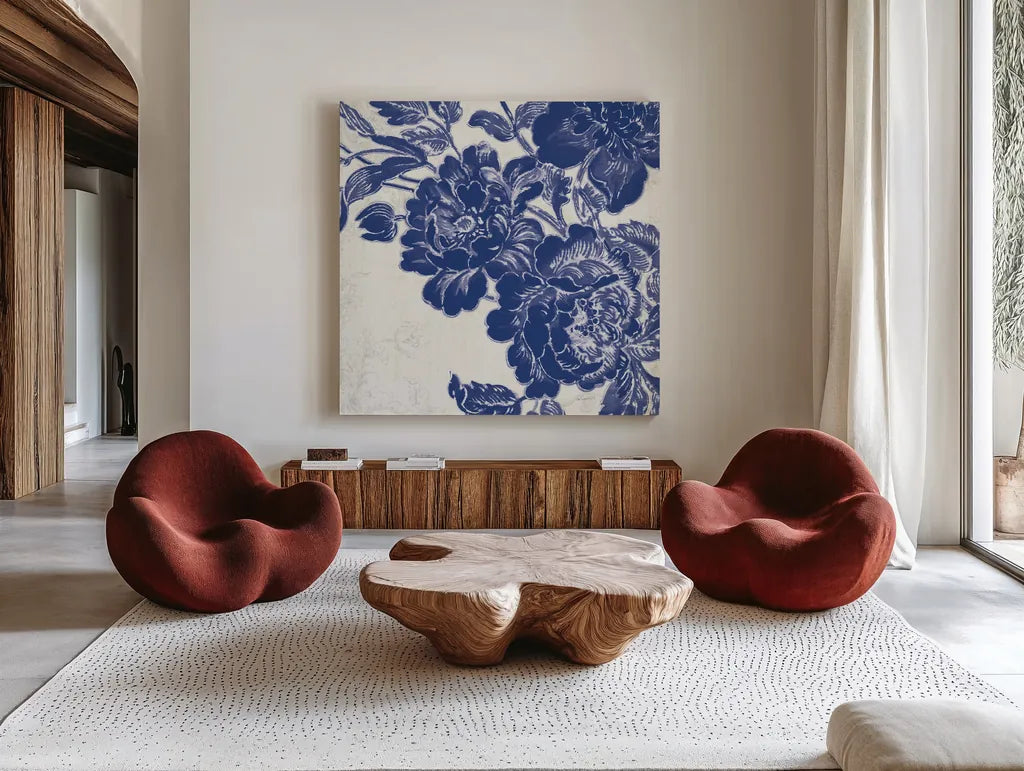 Toile Roses V by Sue Schlabach. Shown as extra-large giant wall art in a modern living room. Available as an archival giclee rolled canvas, fine art paper, or poster print. SKU 31609a.