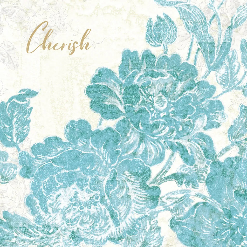 Toile Roses V Teal Cherish by Sue Schlabach. SKU 42443a. Archival Giclee Fine art print for wall decor.