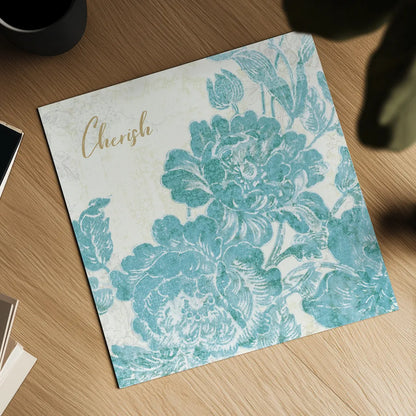 Toile Roses V Teal Cherish by Sue Schlabach. Shown as a detailed flat fine art print, highlighting archival giclee quality. Available as an archival giclee rolled canvas, fine art paper, or poster print. SKU 42443a.