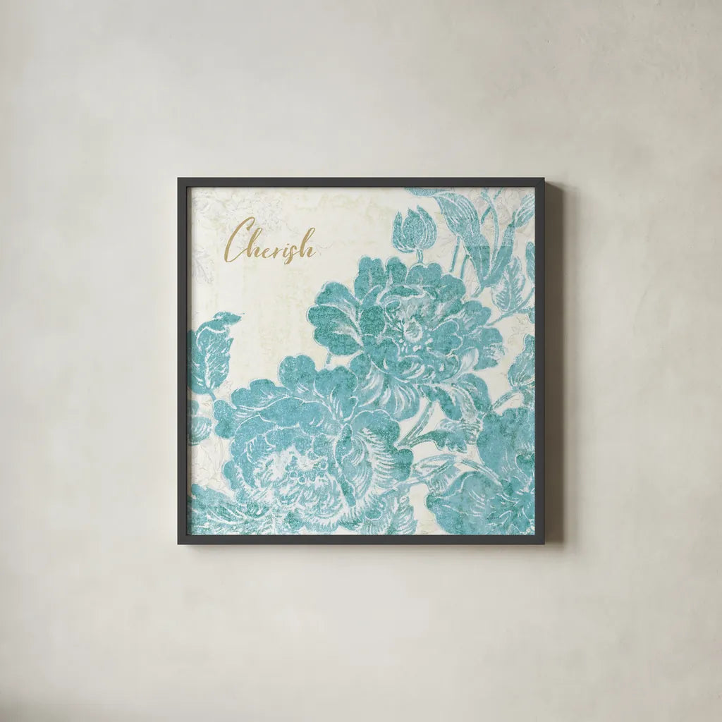 Toile Roses V Teal Cherish by Sue Schlabach. Shown in a sleek black glass frame for a contemporary gallery look. Available as an archival giclee rolled canvas, fine art paper, or poster print. SKU 42443a.