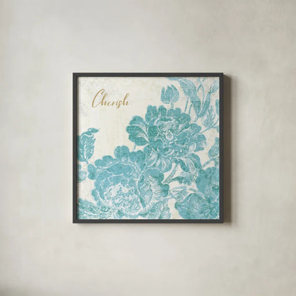 Toile Roses V Teal Cherish by Sue Schlabach. Shown in a sleek black glass frame for a contemporary gallery look. Available as an archival giclee rolled canvas, fine art paper, or poster print. SKU 42443a.