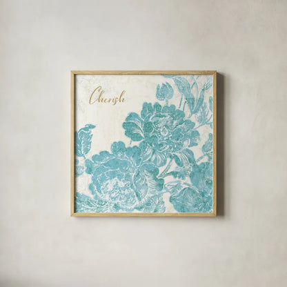 Toile Roses V Teal Cherish by Sue Schlabach. Shown in a natural wood glass frame for a timeless modern aesthetic. Available as an archival giclee rolled canvas, fine art paper, or poster print. SKU 42443a.