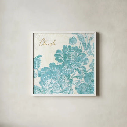 Toile Roses V Teal Cherish by Sue Schlabach. Shown in a crisp white glass frame for a clean and minimalist style. Available as an archival giclee rolled canvas, fine art paper, or poster print. SKU 42443a.