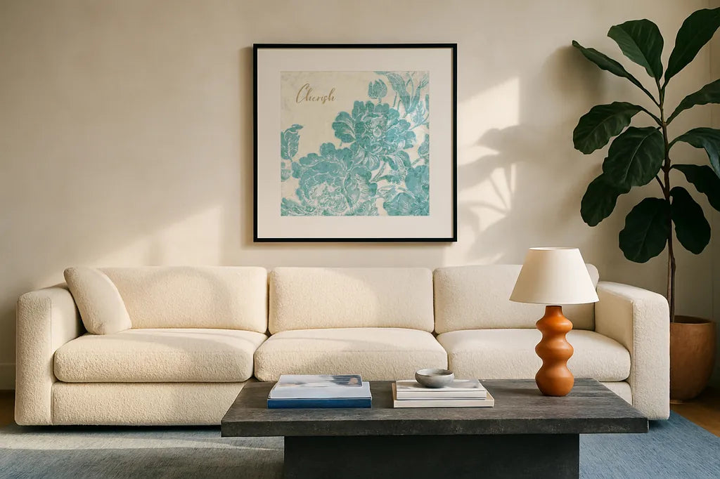 Toile Roses V Teal Cherish by Sue Schlabach. Displayed in a glass frame with matte in a clean modern living room. Available as an archival giclee rolled canvas, fine art paper, or poster print. SKU 42443a.