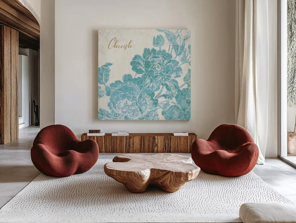 Toile Roses V Teal Cherish by Sue Schlabach. Shown as extra-large giant wall art in a modern living room. Available as an archival giclee rolled canvas, fine art paper, or poster print. SKU 42443a.