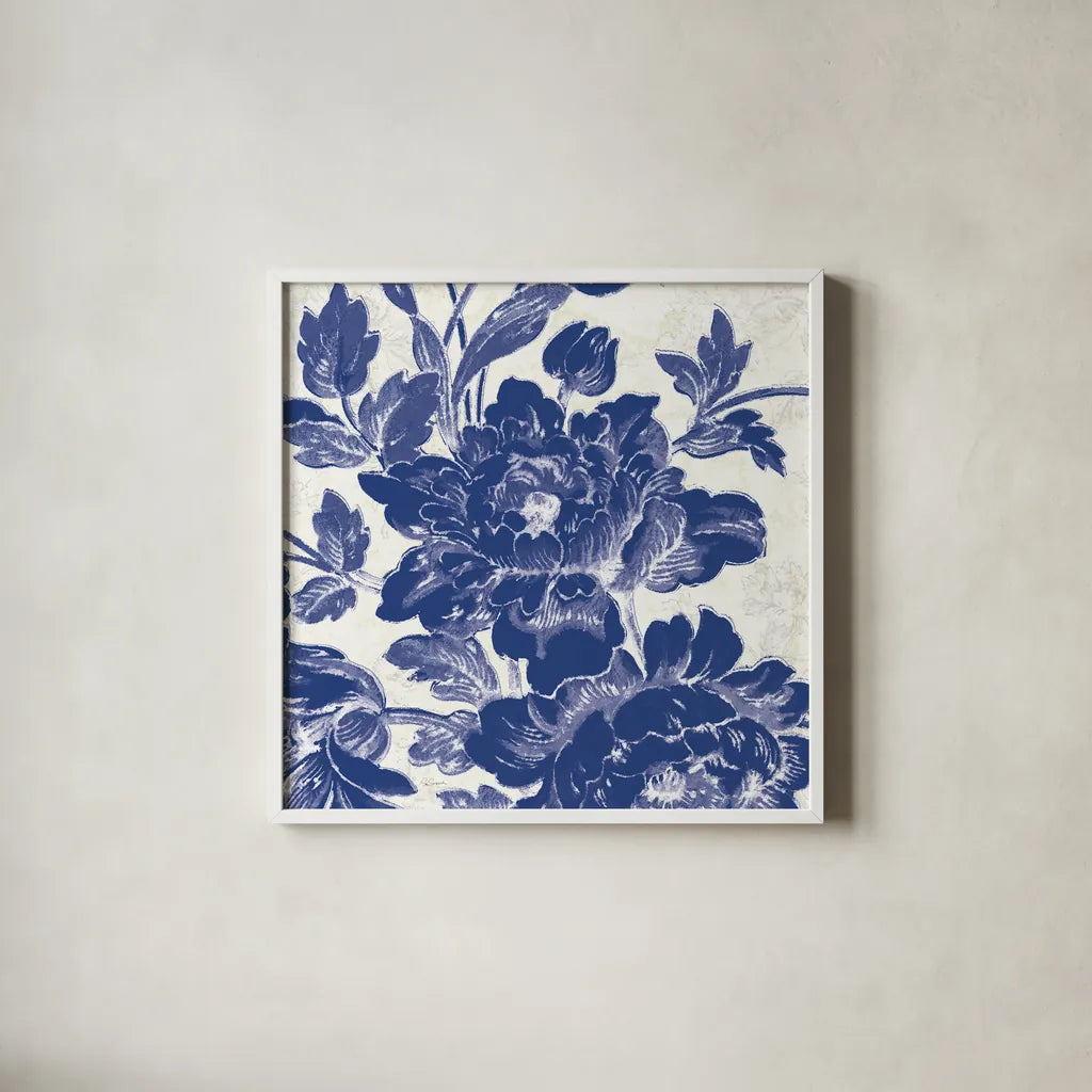 Toile Roses VI by Sue Schlabach. Shown in a crisp white glass frame for a clean and minimalist style. Available as an archival giclee rolled canvas, fine art paper, or poster print. SKU 31610a.