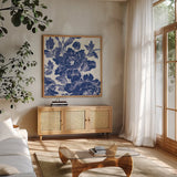 Toile Roses VI by Sue Schlabach. Shown in a natural wood frame in a cozy modern living room. Available as an archival giclee rolled canvas, fine art paper, or poster print. SKU 31610a.