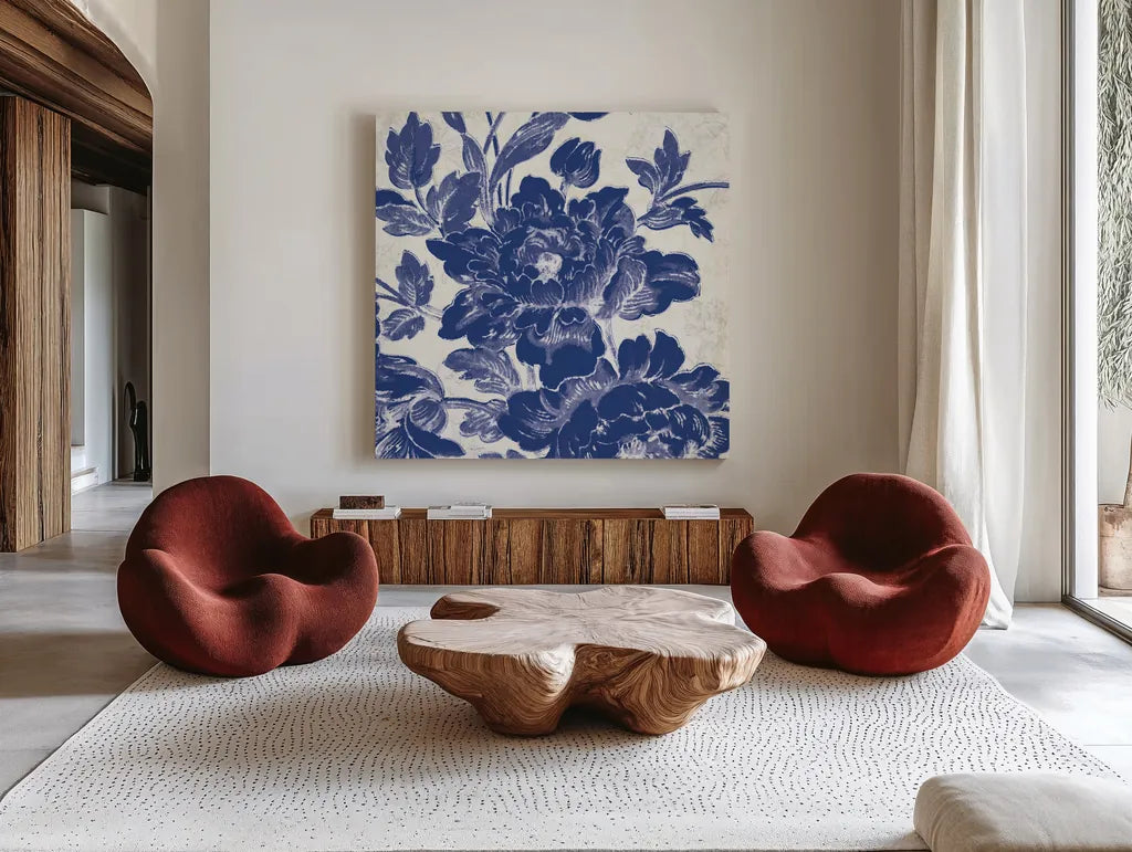 Toile Roses VI by Sue Schlabach. Shown as extra-large giant wall art in a modern living room. Available as an archival giclee rolled canvas, fine art paper, or poster print. SKU 31610a.