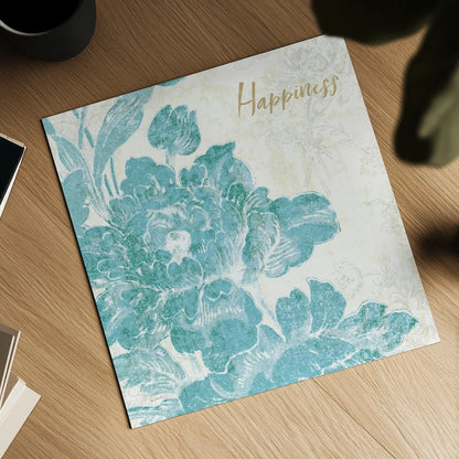 Toile Roses VI Teal Happiness by Sue Schlabach. Shown as a detailed flat fine art print, highlighting archival giclee quality. Available as an archival giclee rolled canvas, fine art paper, or poster print. SKU 42444a.