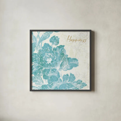 Toile Roses VI Teal Happiness by Sue Schlabach. Shown in a sleek black glass frame for a contemporary gallery look. Available as an archival giclee rolled canvas, fine art paper, or poster print. SKU 42444a.