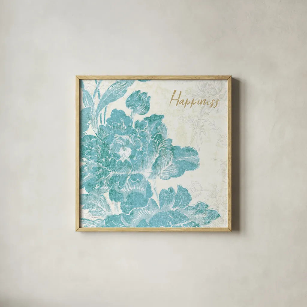 Toile Roses VI Teal Happiness by Sue Schlabach. Shown in a natural wood glass frame for a timeless modern aesthetic. Available as an archival giclee rolled canvas, fine art paper, or poster print. SKU 42444a.