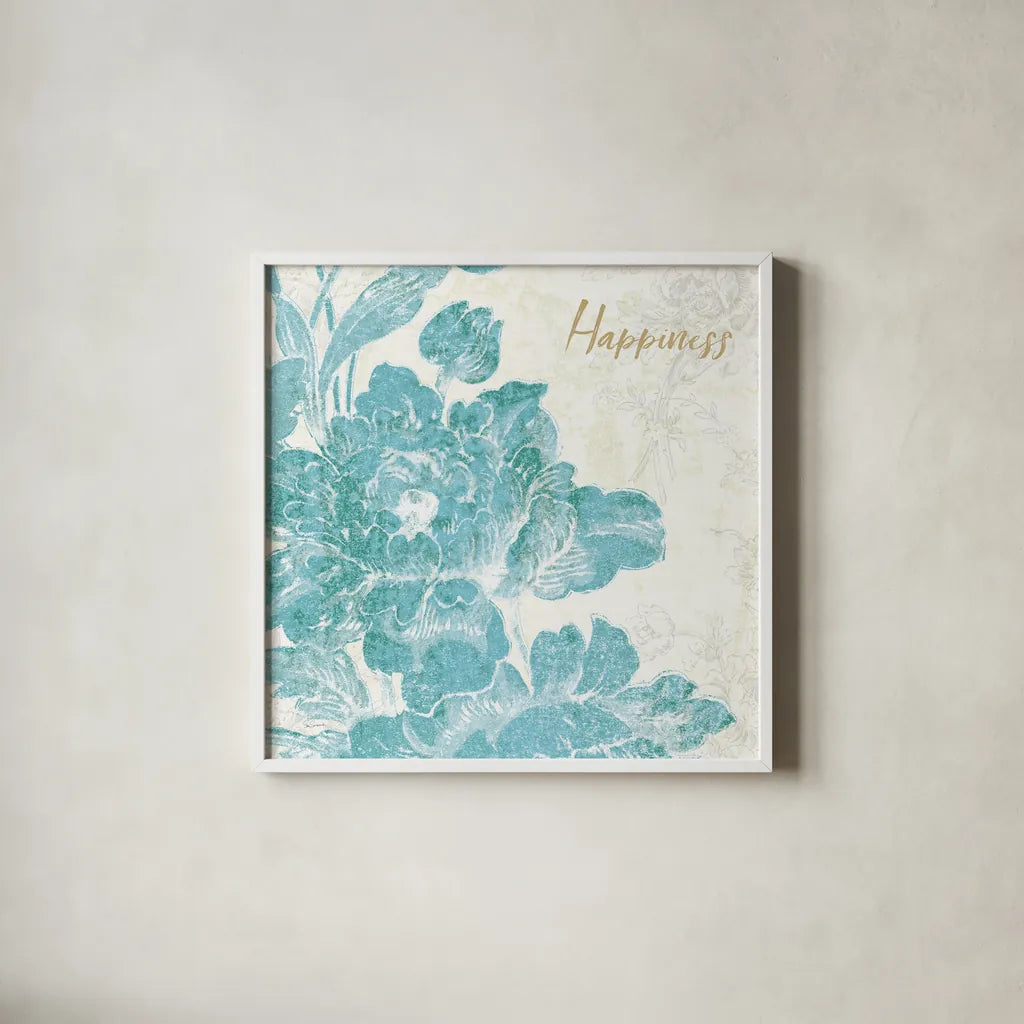 Toile Roses VI Teal Happiness by Sue Schlabach. Shown in a crisp white glass frame for a clean and minimalist style. Available as an archival giclee rolled canvas, fine art paper, or poster print. SKU 42444a.