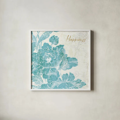 Toile Roses VI Teal Happiness by Sue Schlabach. Shown in a crisp white glass frame for a clean and minimalist style. Available as an archival giclee rolled canvas, fine art paper, or poster print. SKU 42444a.