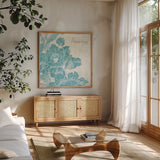 Toile Roses VI Teal Happiness by Sue Schlabach. Shown in a natural wood frame in a cozy modern living room. Available as an archival giclee rolled canvas, fine art paper, or poster print. SKU 42444a.