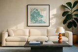 Toile Roses VI Teal Happiness by Sue Schlabach. Displayed in a glass frame with matte in a clean modern living room. Available as an archival giclee rolled canvas, fine art paper, or poster print. SKU 42444a.