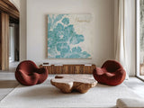 Toile Roses VI Teal Happiness by Sue Schlabach. Shown as extra-large giant wall art in a modern living room. Available as an archival giclee rolled canvas, fine art paper, or poster print. SKU 42444a.