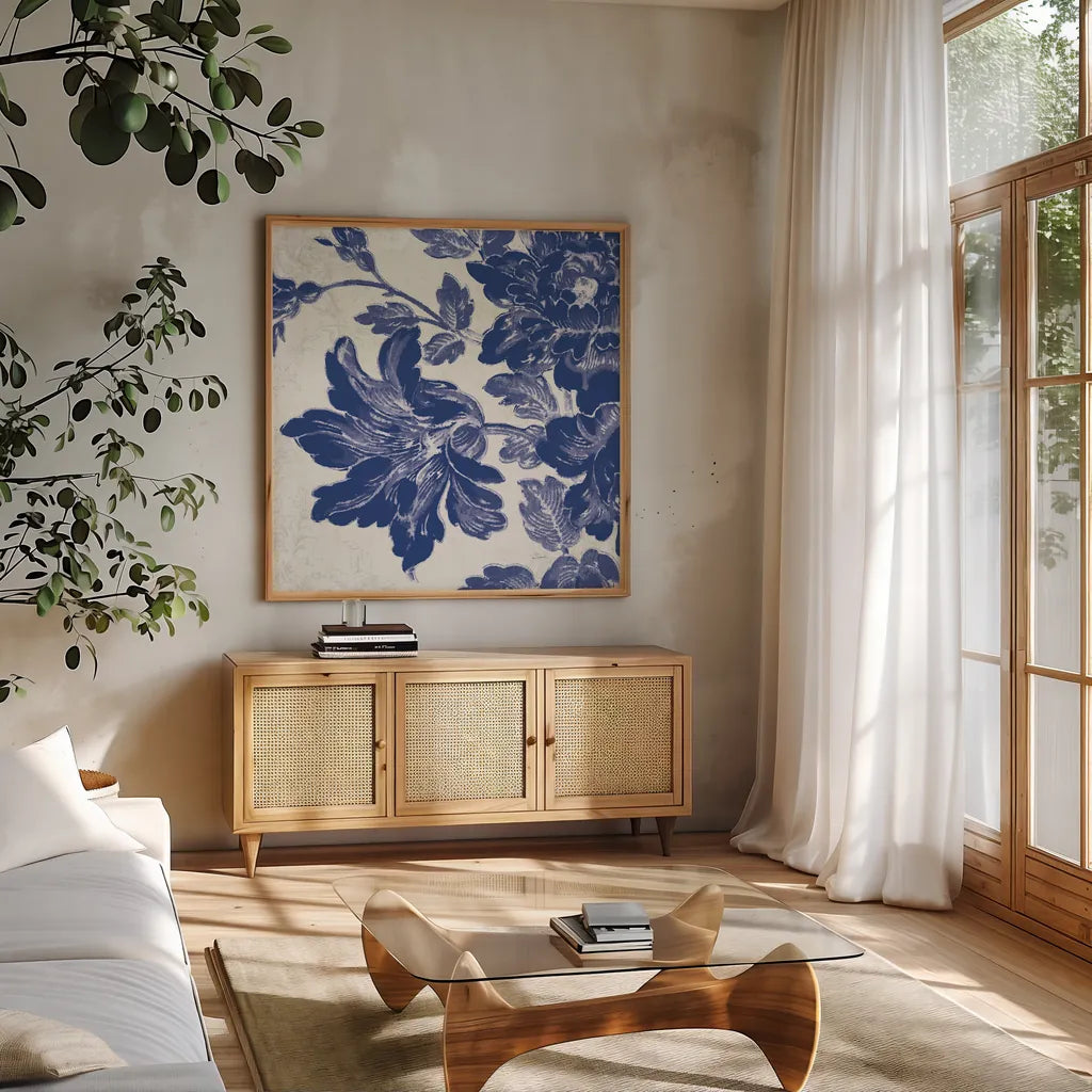 Toile Roses VII by Sue Schlabach. Shown in a natural wood frame in a cozy modern living room. Available as an archival giclee rolled canvas, fine art paper, or poster print. SKU 31611a.