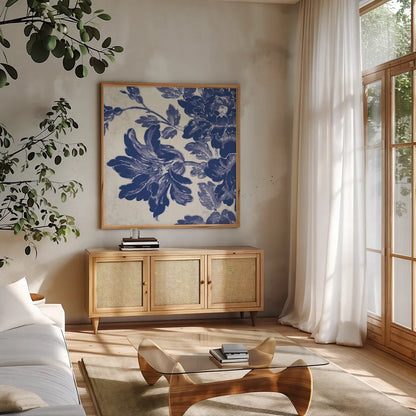 Toile Roses VII by Sue Schlabach. Shown in a natural wood frame in a cozy modern living room. Available as an archival giclee rolled canvas, fine art paper, or poster print. SKU 31611a.