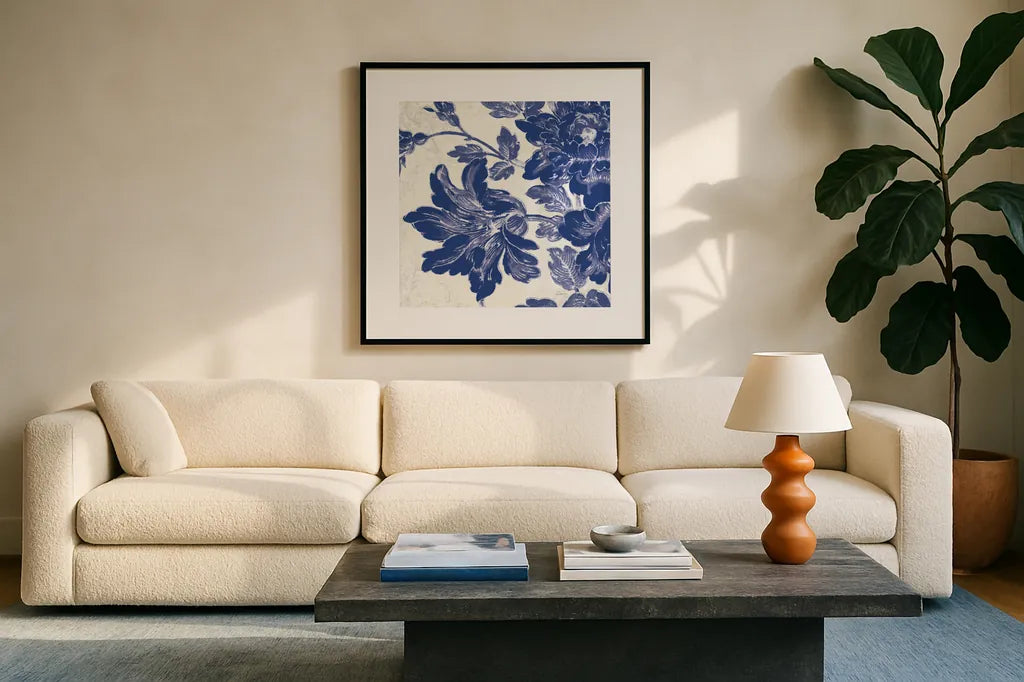 Toile Roses VII by Sue Schlabach. Displayed in a glass frame with matte in a clean modern living room. Available as an archival giclee rolled canvas, fine art paper, or poster print. SKU 31611a.
