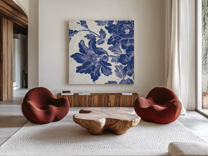 Toile Roses VII by Sue Schlabach. Shown as extra-large giant wall art in a modern living room. Available as an archival giclee rolled canvas, fine art paper, or poster print. SKU 31611a.