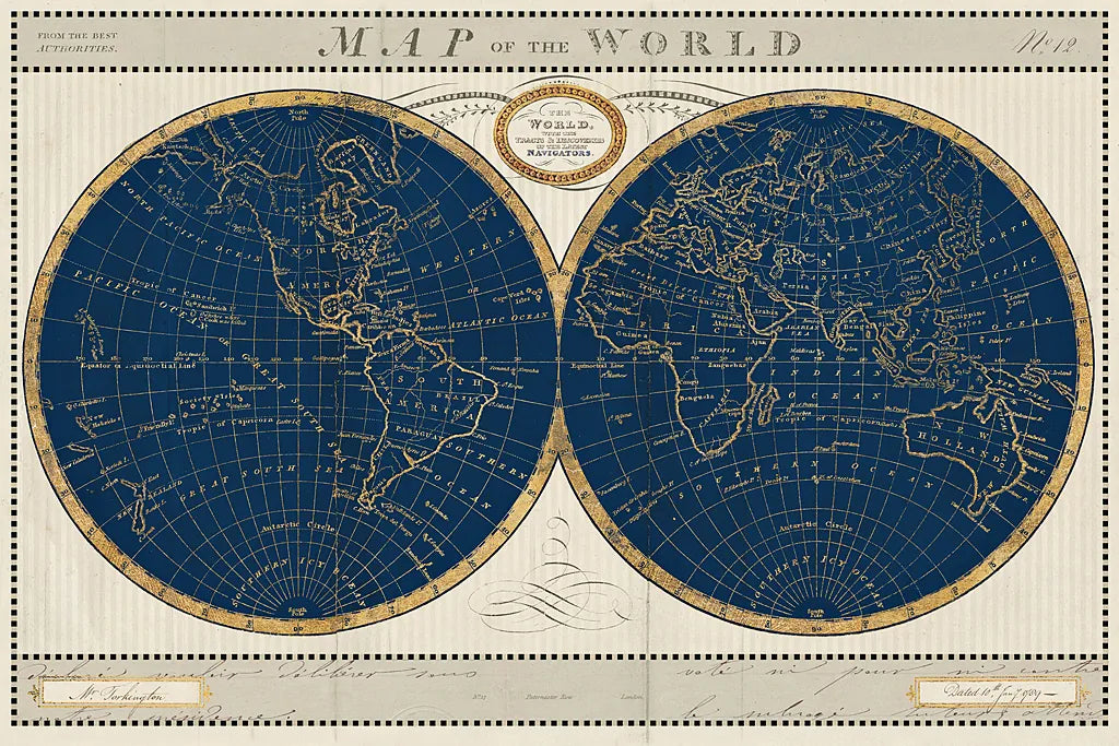 Torkingtons World Map Indigo Globes by Sue Schlabach. SKU 44846i. Archival Giclee Fine art print for wall decor.