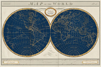 Torkingtons World Map Indigo Globes by Sue Schlabach. SKU 44846i. Archival Giclee Fine art print for wall decor.