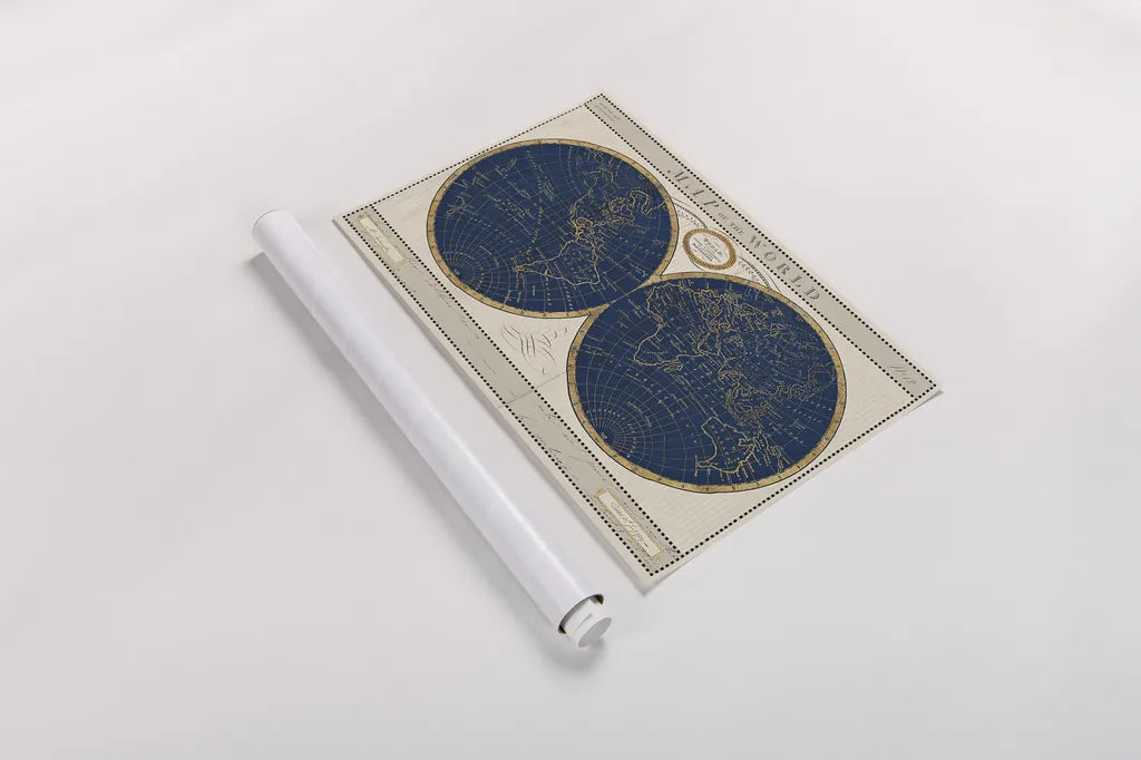 Torkingtons World Map Indigo Globes by Sue Schlabach. shown as a rolled paper print. Available as archival giclee rolled canvas, fine art paper, or poster print. SKU 44846i.