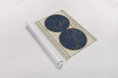 Torkingtons World Map Indigo Globes by Sue Schlabach. shown as a rolled paper print. Available as archival giclee rolled canvas, fine art paper, or poster print. SKU 44846i.