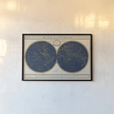 Torkingtons World Map Indigo Globes by Sue Schlabach. shown as a paper print in a black flame. Available as a archival giclee rolled canvas, fine art paper, or poster print. SKU 44846i.