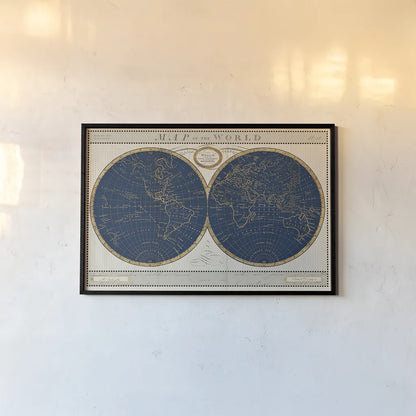 Torkingtons World Map Indigo Globes by Sue Schlabach. shown as a paper print in a black flame. Available as a archival giclee rolled canvas, fine art paper, or poster print. SKU 44846i.