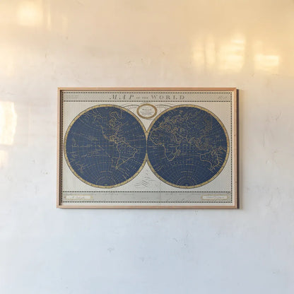 Torkingtons World Map Indigo Globes by Sue Schlabach. shown as a paper print in a natural frame. Available as a archival giclee rolled canvas, fine art paper, or poster print. SKU 44846i.