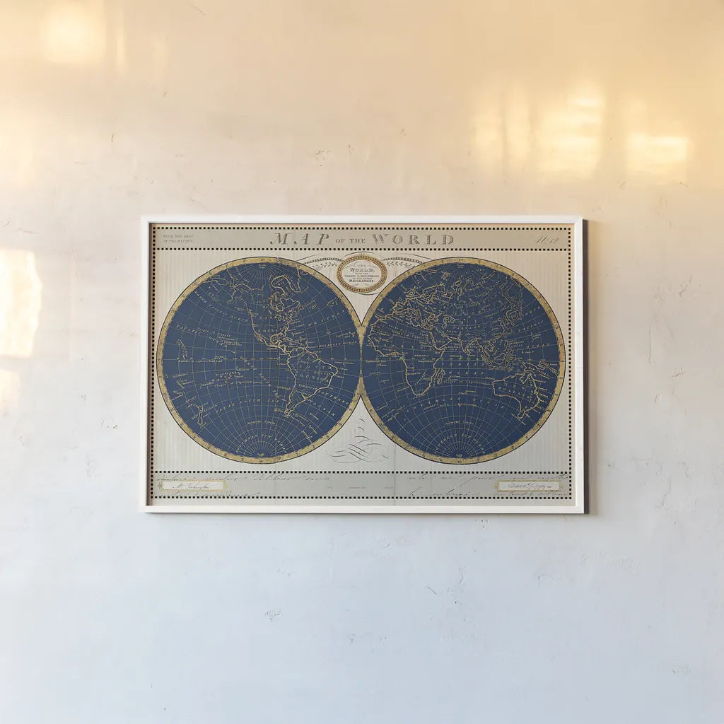 Torkingtons World Map Indigo Globes by Sue Schlabach. shown as a paper print in a white frame. Available as a archival giclee rolled canvas, fine art paper, or poster print. SKU 44846i.