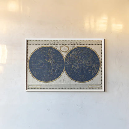 Torkingtons World Map Indigo Globes by Sue Schlabach. shown as a paper print in a white frame. Available as a archival giclee rolled canvas, fine art paper, or poster print. SKU 44846i.