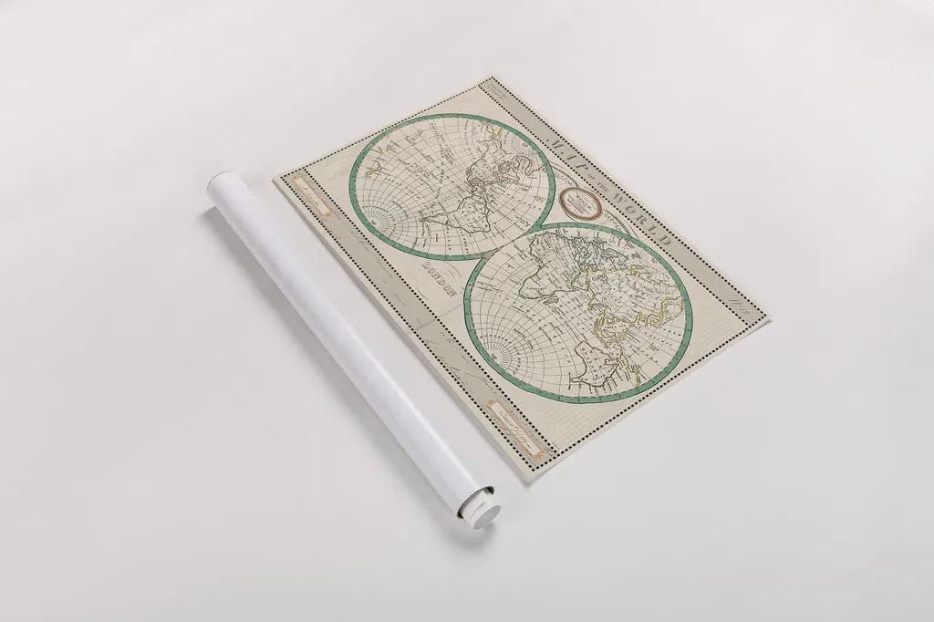 Torkingtons World Map Ivory by Sue Schlabach. shown as a rolled paper print. Available as archival giclee rolled canvas, fine art paper, or poster print. SKU 32376i.