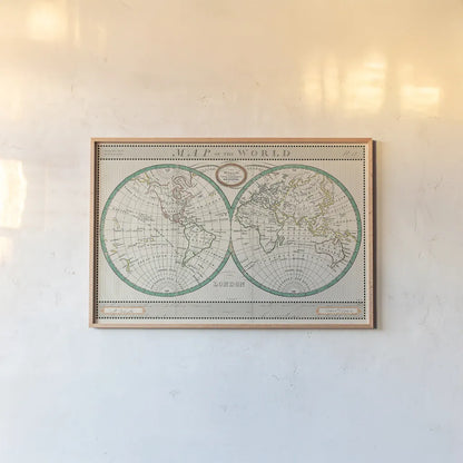Torkingtons World Map Ivory by Sue Schlabach. shown as a paper print in a natural frame. Available as a archival giclee rolled canvas, fine art paper, or poster print. SKU 32376i.