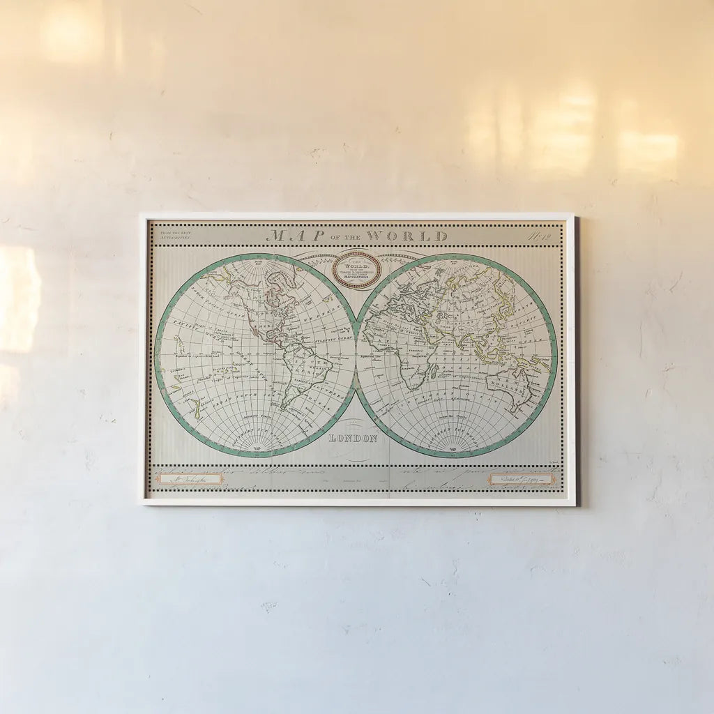 Torkingtons World Map Ivory by Sue Schlabach. shown as a paper print in a white frame. Available as a archival giclee rolled canvas, fine art paper, or poster print. SKU 32376i.