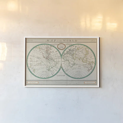 Torkingtons World Map Ivory by Sue Schlabach. shown as a paper print in a white frame. Available as a archival giclee rolled canvas, fine art paper, or poster print. SKU 32376i.