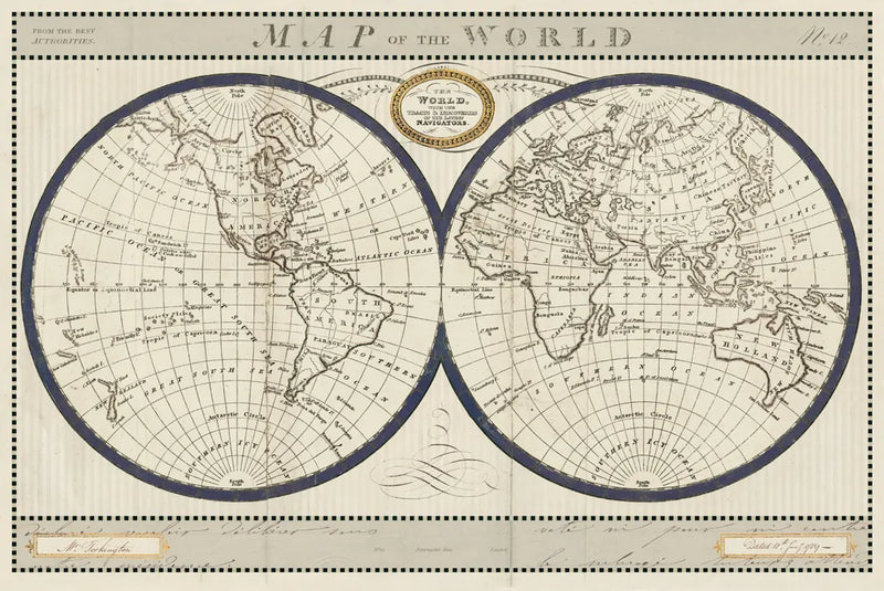 Torkingtons World Map with Indigo by Sue Schlabach. SKU 44845i. Archival Giclee Fine art print for wall decor.