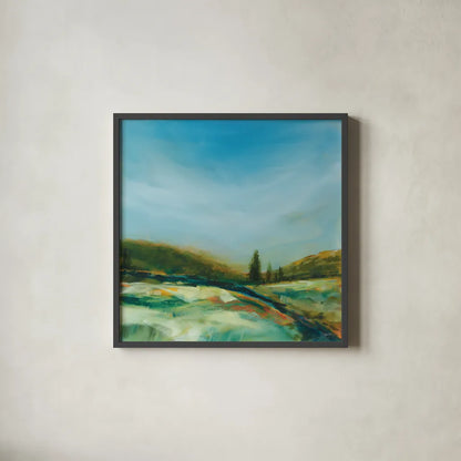 Turn of Season by Sue Schlabach. Shown in a sleek black glass frame for a contemporary gallery look. Available as an archival giclee rolled canvas, fine art paper, or poster print. SKU 82704a.
