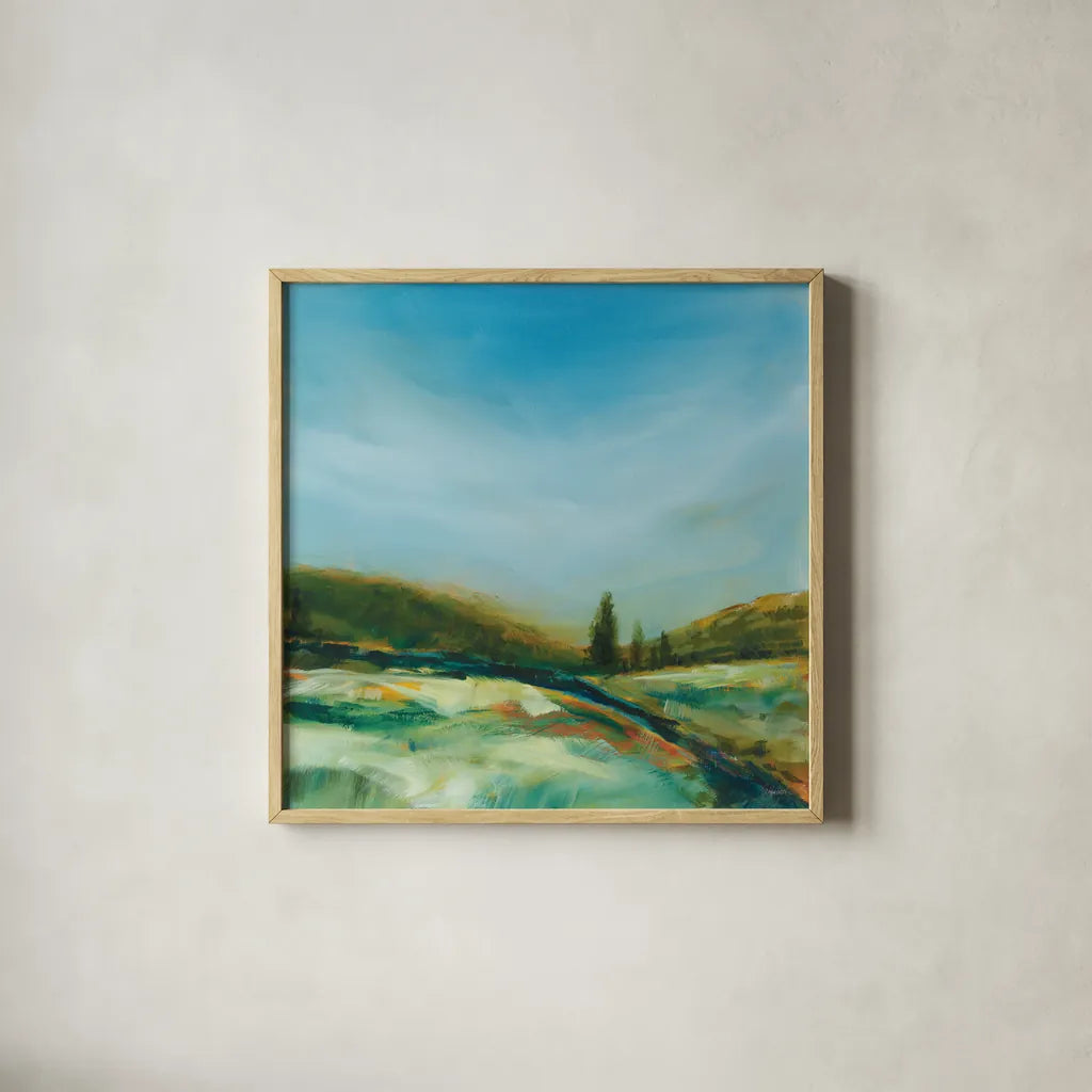 Turn of Season by Sue Schlabach. Shown in a natural wood glass frame for a timeless modern aesthetic. Available as an archival giclee rolled canvas, fine art paper, or poster print. SKU 82704a.