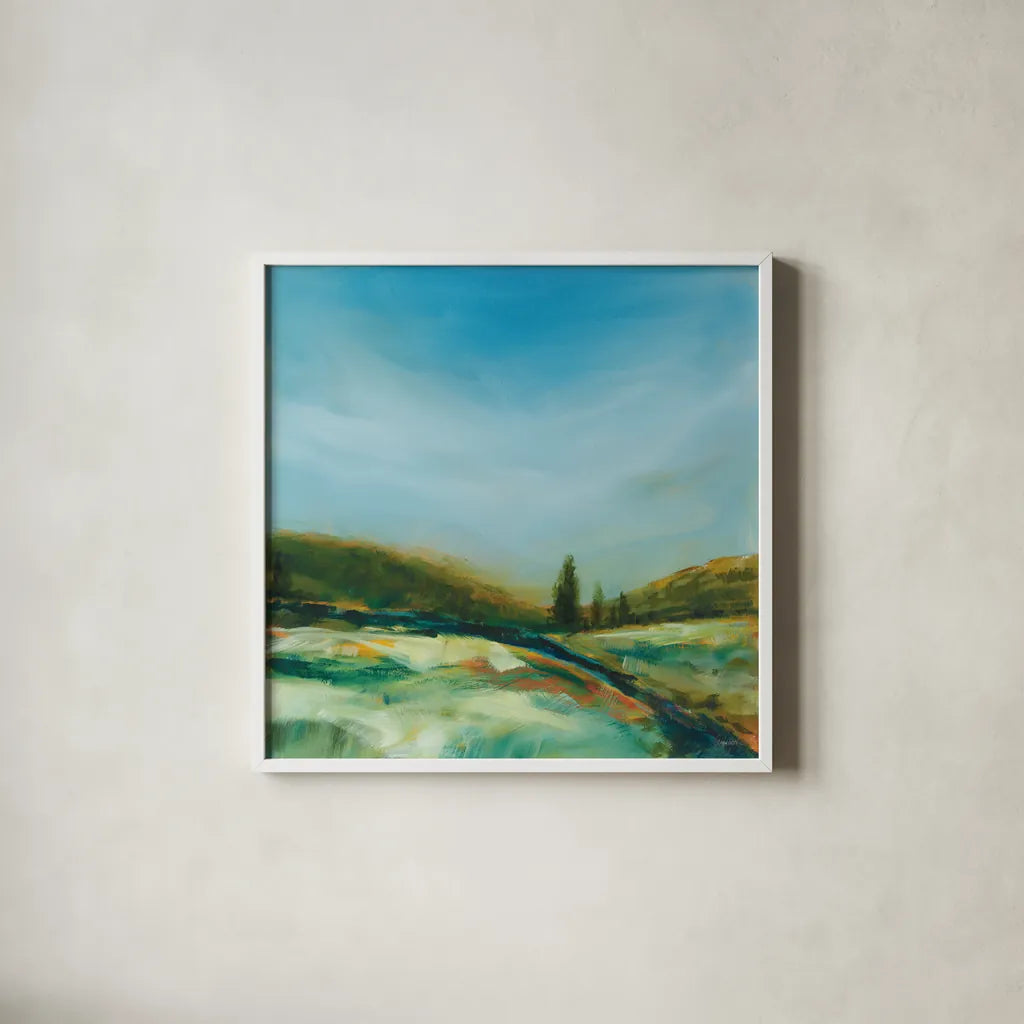 Turn of Season by Sue Schlabach. Shown in a crisp white glass frame for a clean and minimalist style. Available as an archival giclee rolled canvas, fine art paper, or poster print. SKU 82704a.