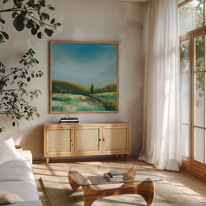 Turn of Season by Sue Schlabach. Shown in a natural wood frame in a cozy modern living room. Available as an archival giclee rolled canvas, fine art paper, or poster print. SKU 82704a.